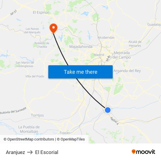 Aranjuez to El Escorial map