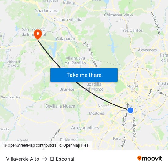 Villaverde Alto to El Escorial map