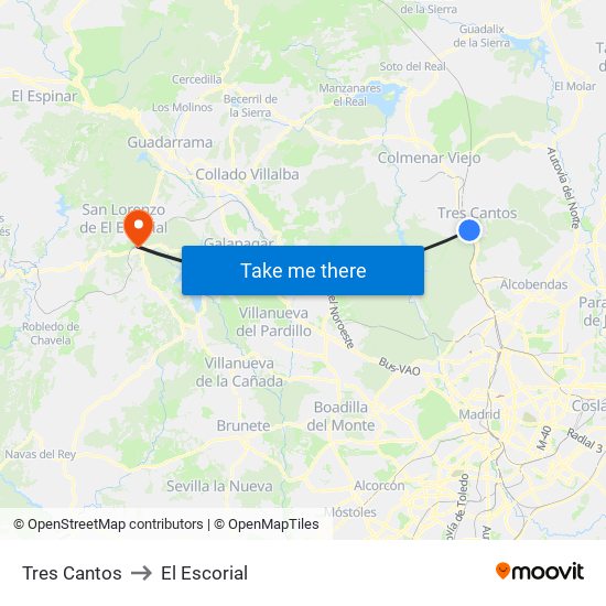 Tres Cantos to El Escorial map