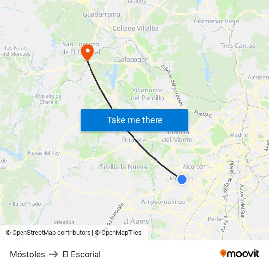 Móstoles to El Escorial map