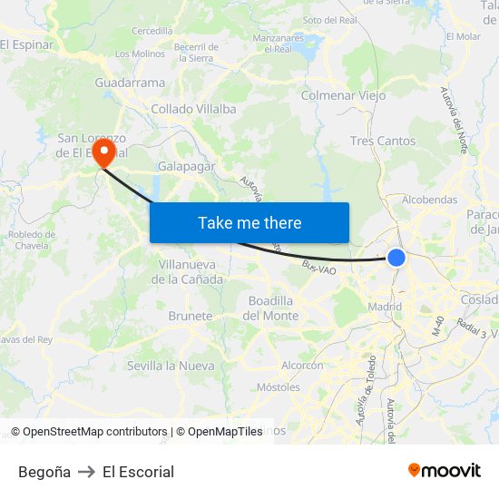 Begoña to El Escorial map