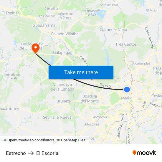 Estrecho to El Escorial map