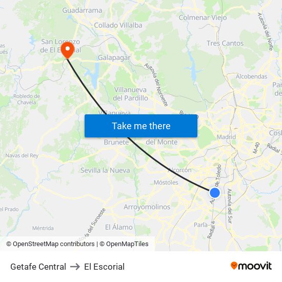 Getafe Central to El Escorial map