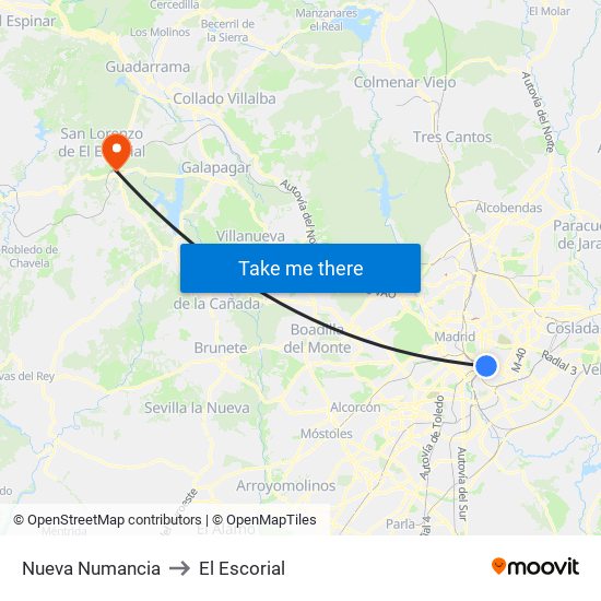 Nueva Numancia to El Escorial map