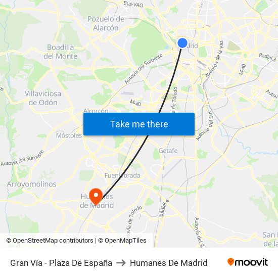 Gran Vía - Plaza De España to Humanes De Madrid map