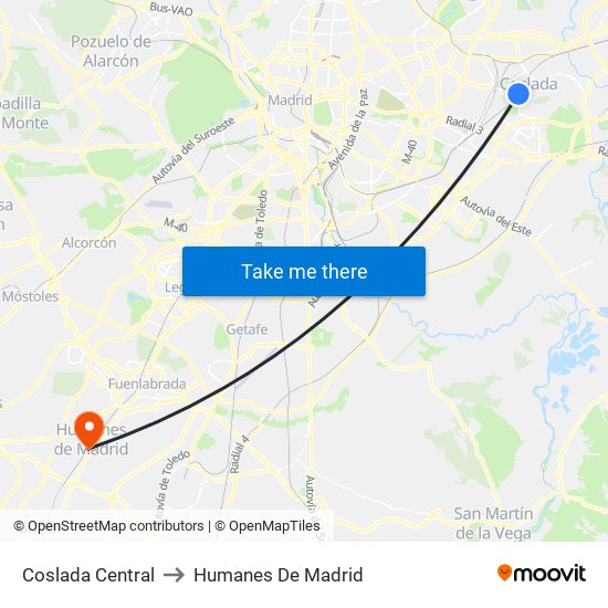 Coslada Central to Humanes De Madrid map