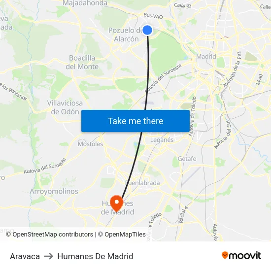 Aravaca to Humanes De Madrid map