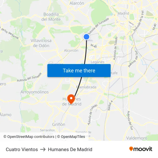 Cuatro Vientos to Humanes De Madrid map