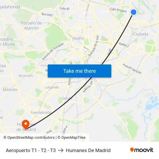 Aeropuerto T1 - T2 - T3 to Humanes De Madrid map