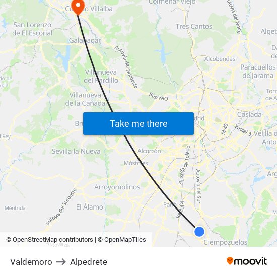 Valdemoro to Alpedrete map