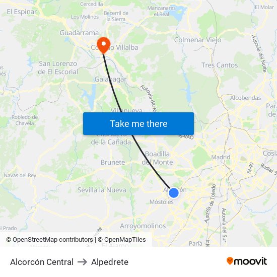 Alcorcón Central to Alpedrete map