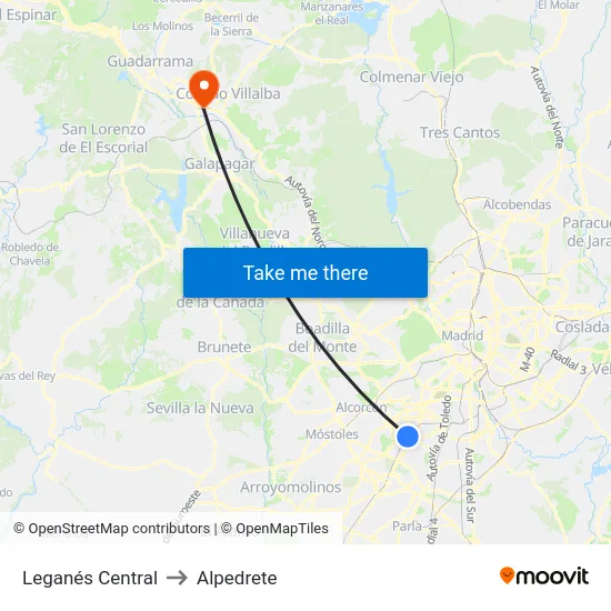Leganés Central to Alpedrete map