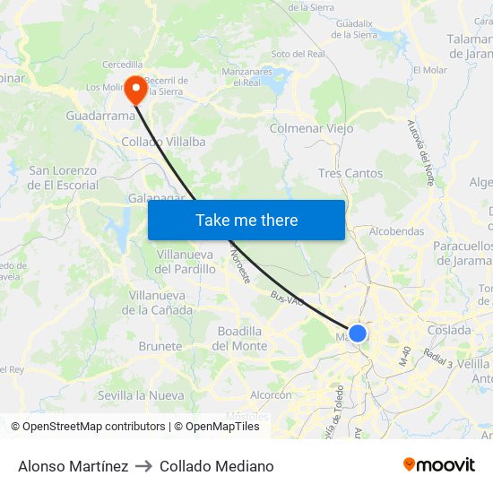 Alonso Martínez to Collado Mediano map