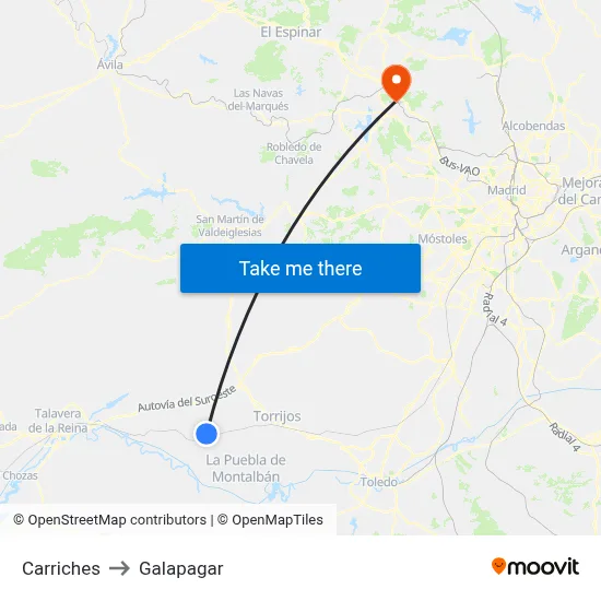 Carriches to Galapagar map