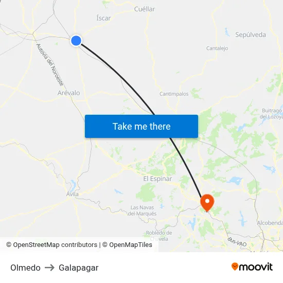 Olmedo to Galapagar map