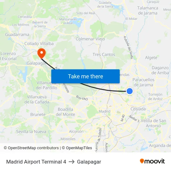 Madrid Airport Terminal 4 to Galapagar map