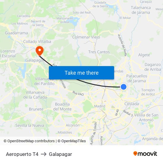 Aeropuerto T4 to Galapagar map