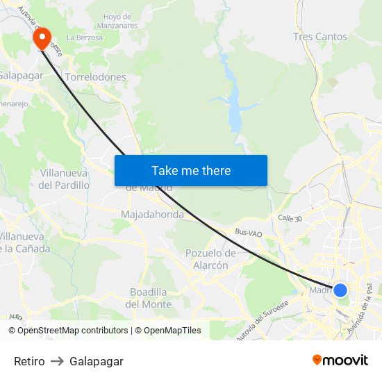 Retiro to Galapagar map