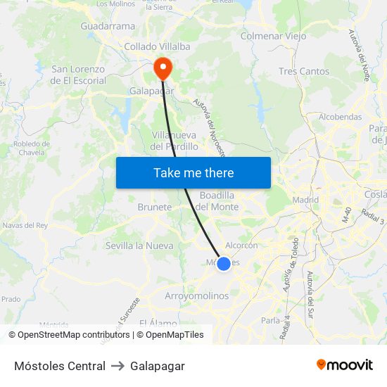 Móstoles Central to Galapagar map