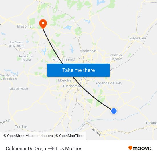 Colmenar De Oreja to Los Molinos map