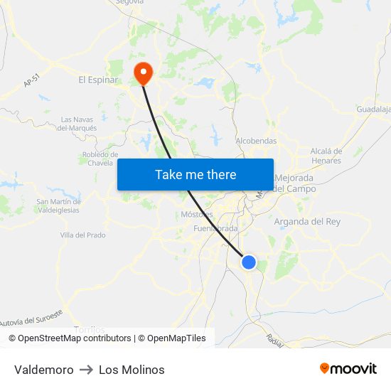 Valdemoro to Los Molinos map