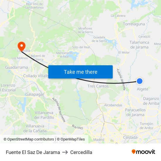 Fuente El Saz De Jarama to Cercedilla map