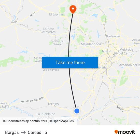 Bargas to Cercedilla map