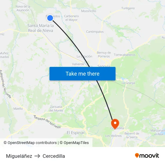 Migueláñez to Cercedilla map