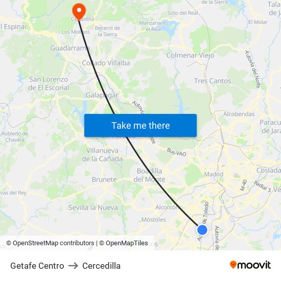 Getafe Centro to Cercedilla map
