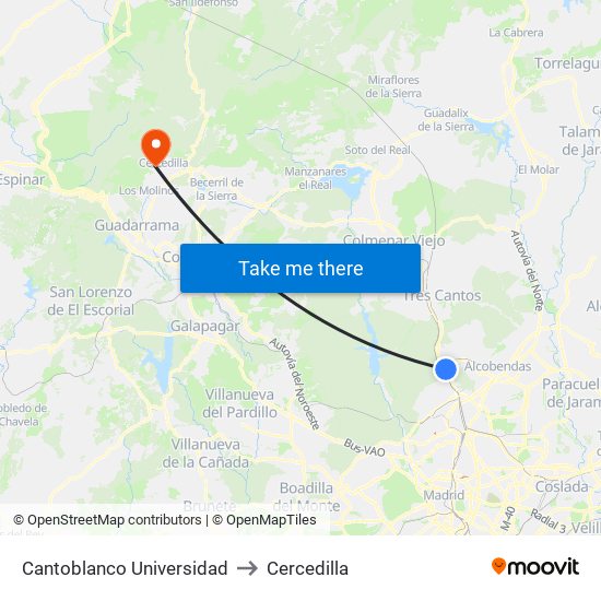Cantoblanco Universidad to Cercedilla map