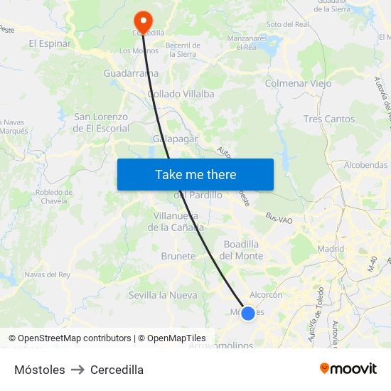 Móstoles to Cercedilla map