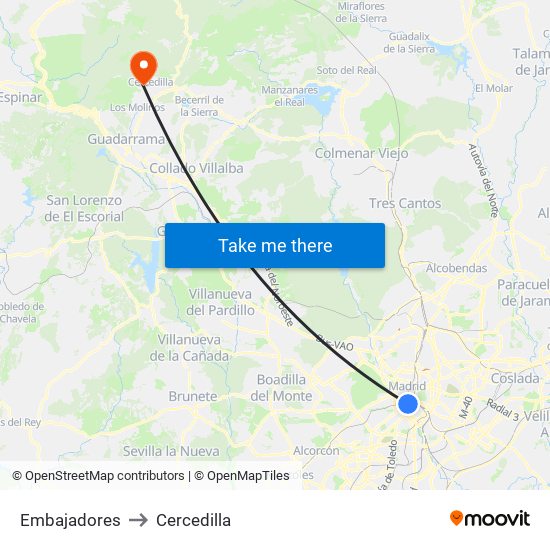 Embajadores to Cercedilla map