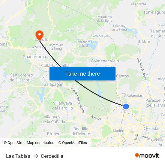 Las Tablas to Cercedilla map