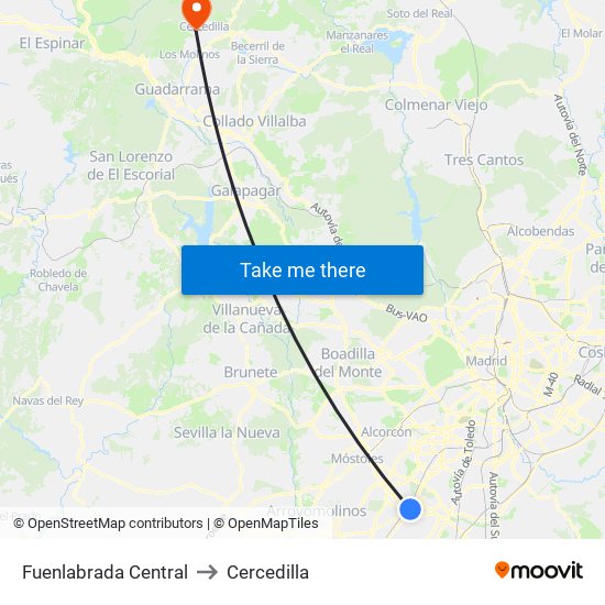 Fuenlabrada Central to Cercedilla map