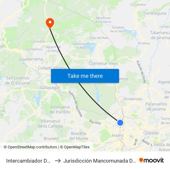 Intercambiador De Plaza De Castilla to Jurisdicción Mancomunada De Cerdedilla Y Navacerrada map