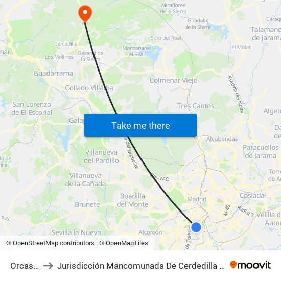 Orcasitas to Jurisdicción Mancomunada De Cerdedilla Y Navacerrada map