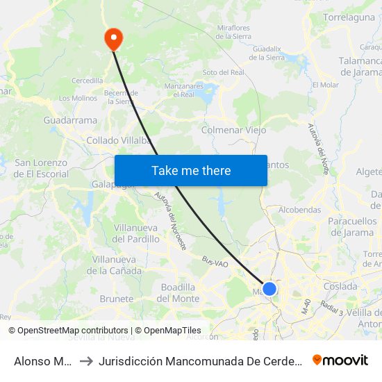 Alonso Martínez to Jurisdicción Mancomunada De Cerdedilla Y Navacerrada map