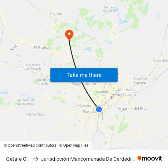 Getafe Central to Jurisdicción Mancomunada De Cerdedilla Y Navacerrada map