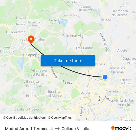 Madrid Airport Terminal 4 to Collado Villalba map