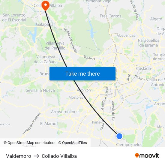 Valdemoro to Collado Villalba map