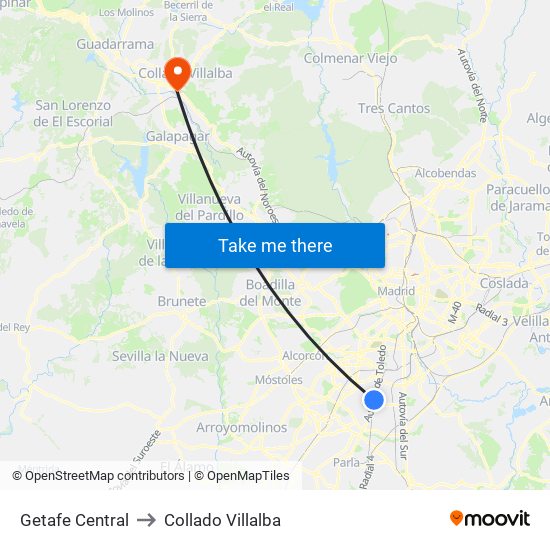 Getafe Central to Collado Villalba map