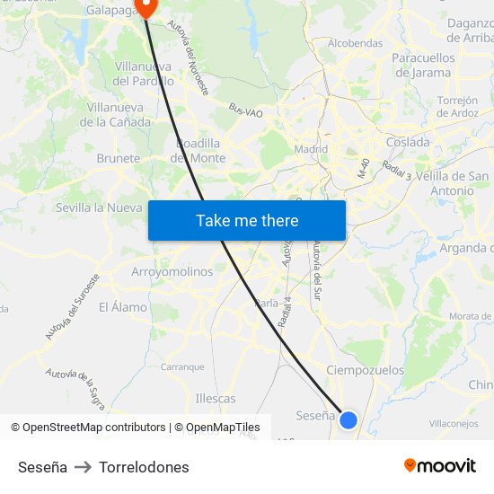 Seseña to Torrelodones map