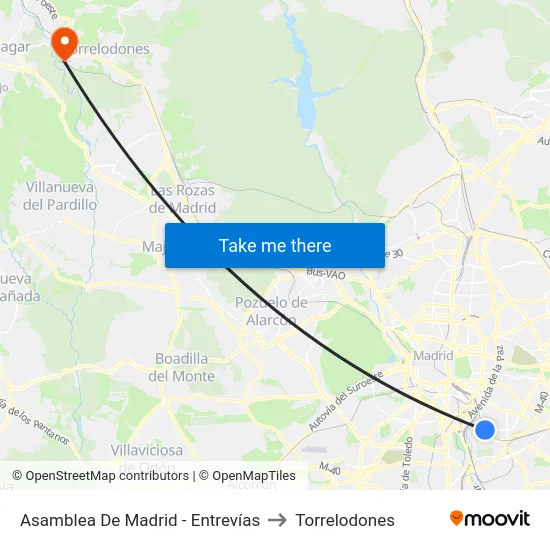 Asamblea De Madrid - Entrevías to Torrelodones map