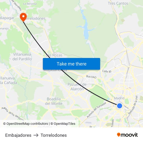 Embajadores to Torrelodones map