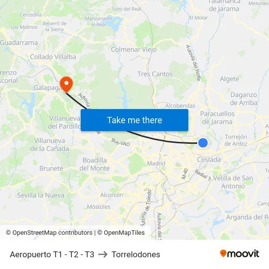 Aeropuerto T1 - T2 - T3 to Torrelodones map