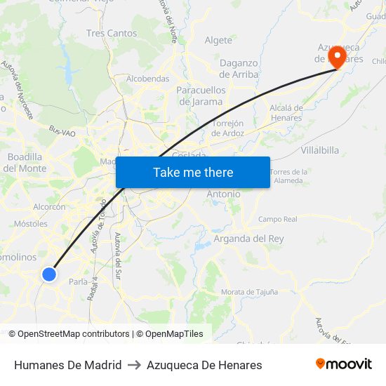 Humanes De Madrid to Azuqueca De Henares map