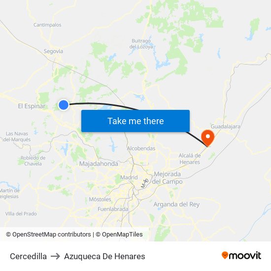 Cercedilla to Azuqueca De Henares map