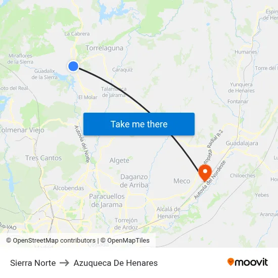 Sierra Norte to Azuqueca De Henares map