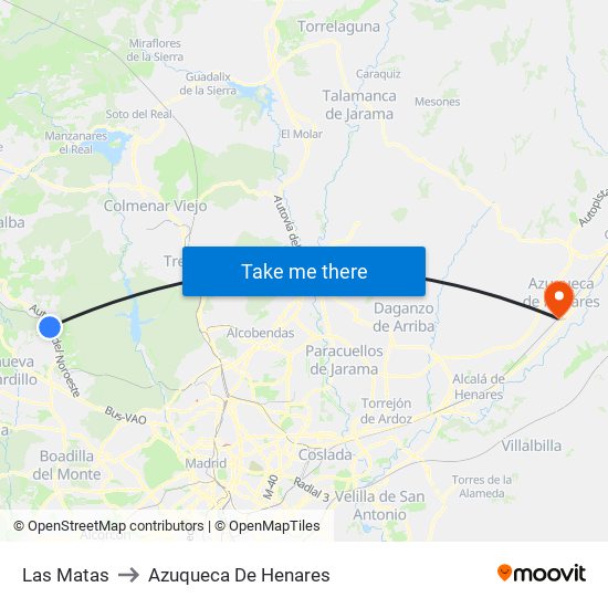 Las Matas to Azuqueca De Henares map
