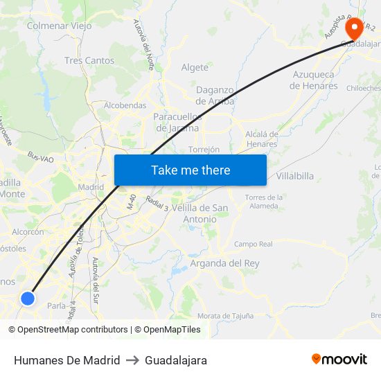 Humanes De Madrid to Guadalajara map